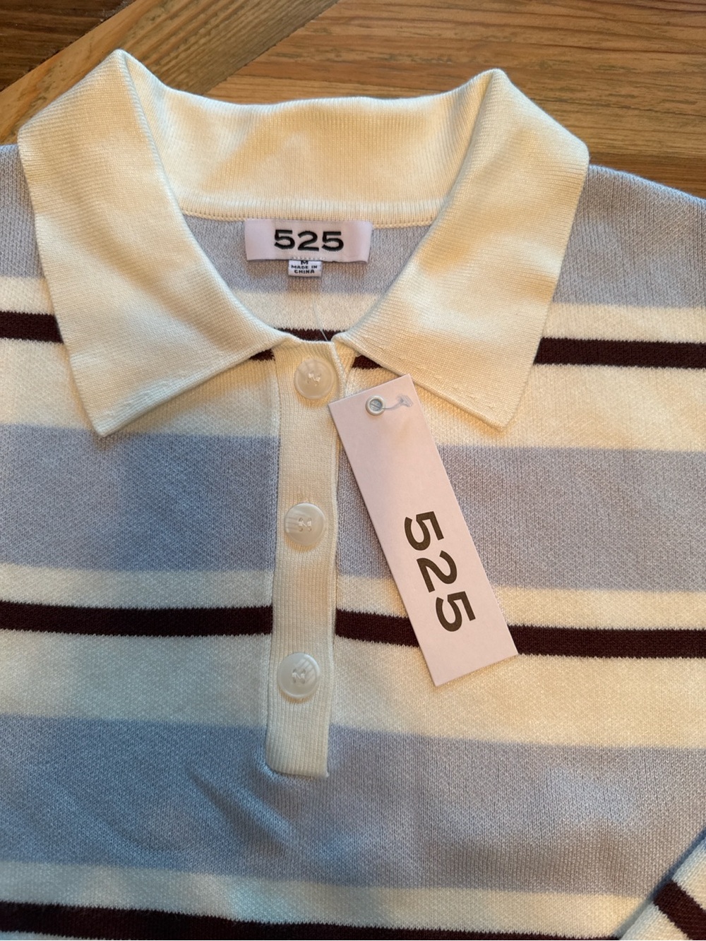 NWT 525 America Striped Cropped Polo Sweater Blue Cream Brown Medium - Picture 3 of 4